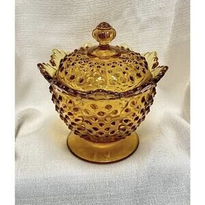 Vintage Fenton Amber Glass Hobnail Pedestal Candy Dish with Lid Scalloped Edge